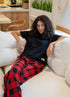 Women summer pajama set Black T-shirt + Red X Black Checkered Pants